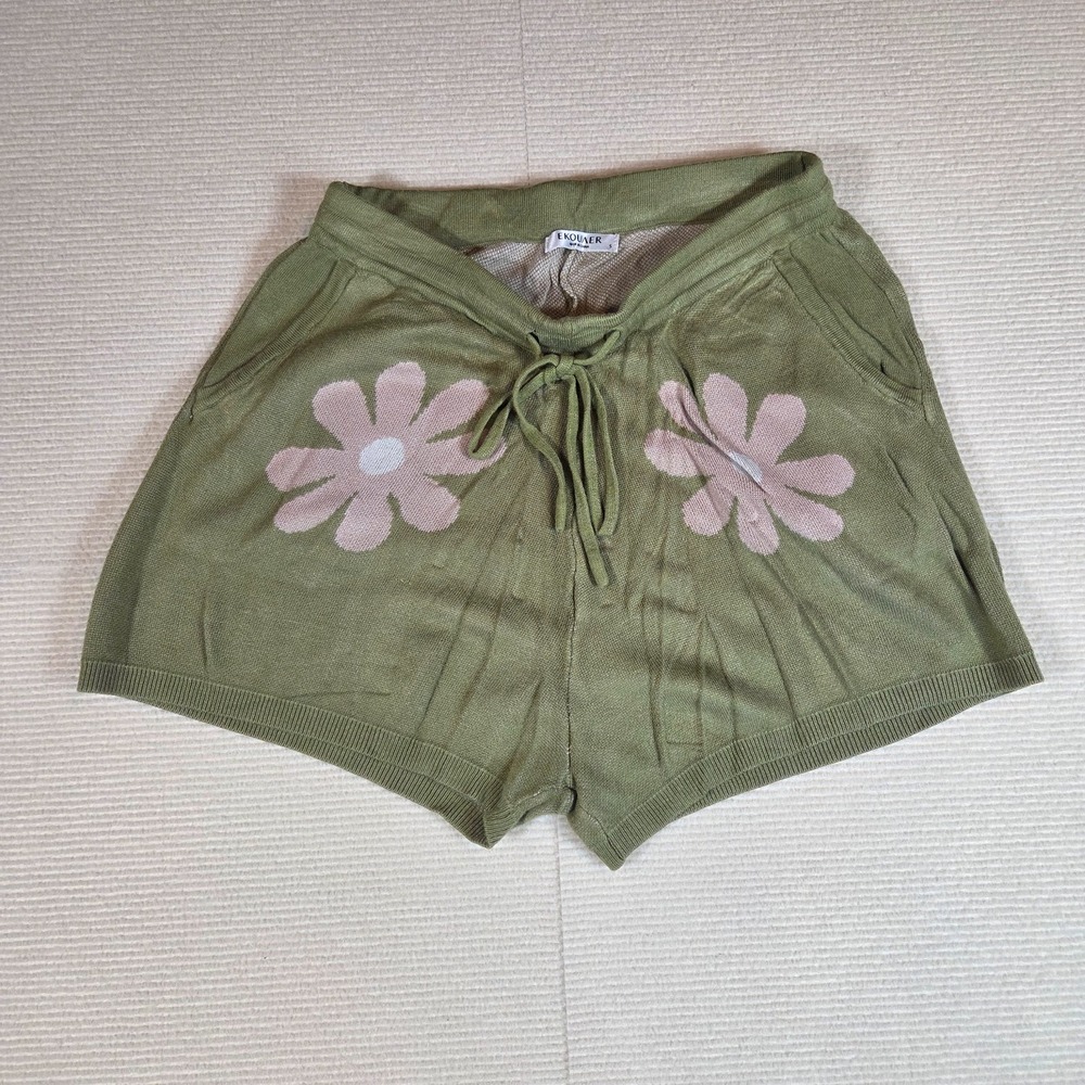 Ekouaer Small Green Floral Drawstring Closure Shorts